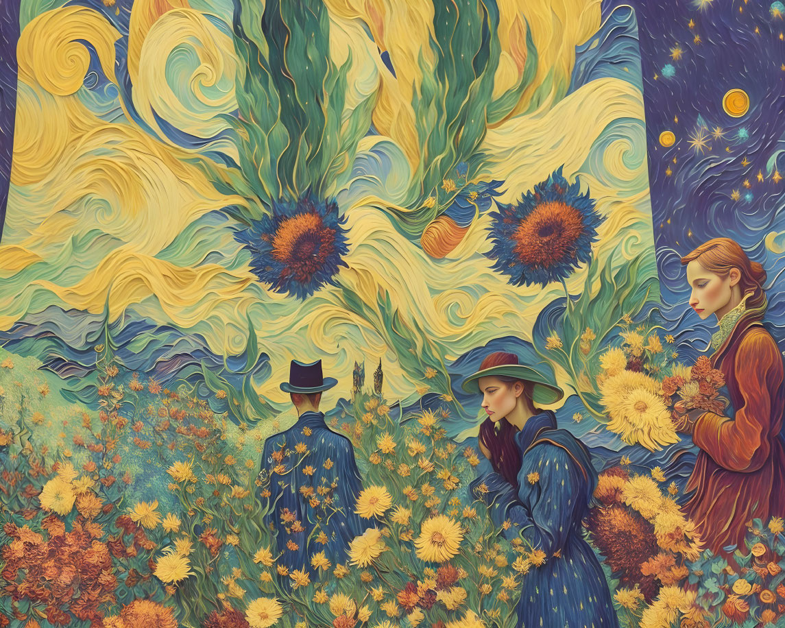 Artwork: Two Figures in Sunflower Field with Swirling Skies