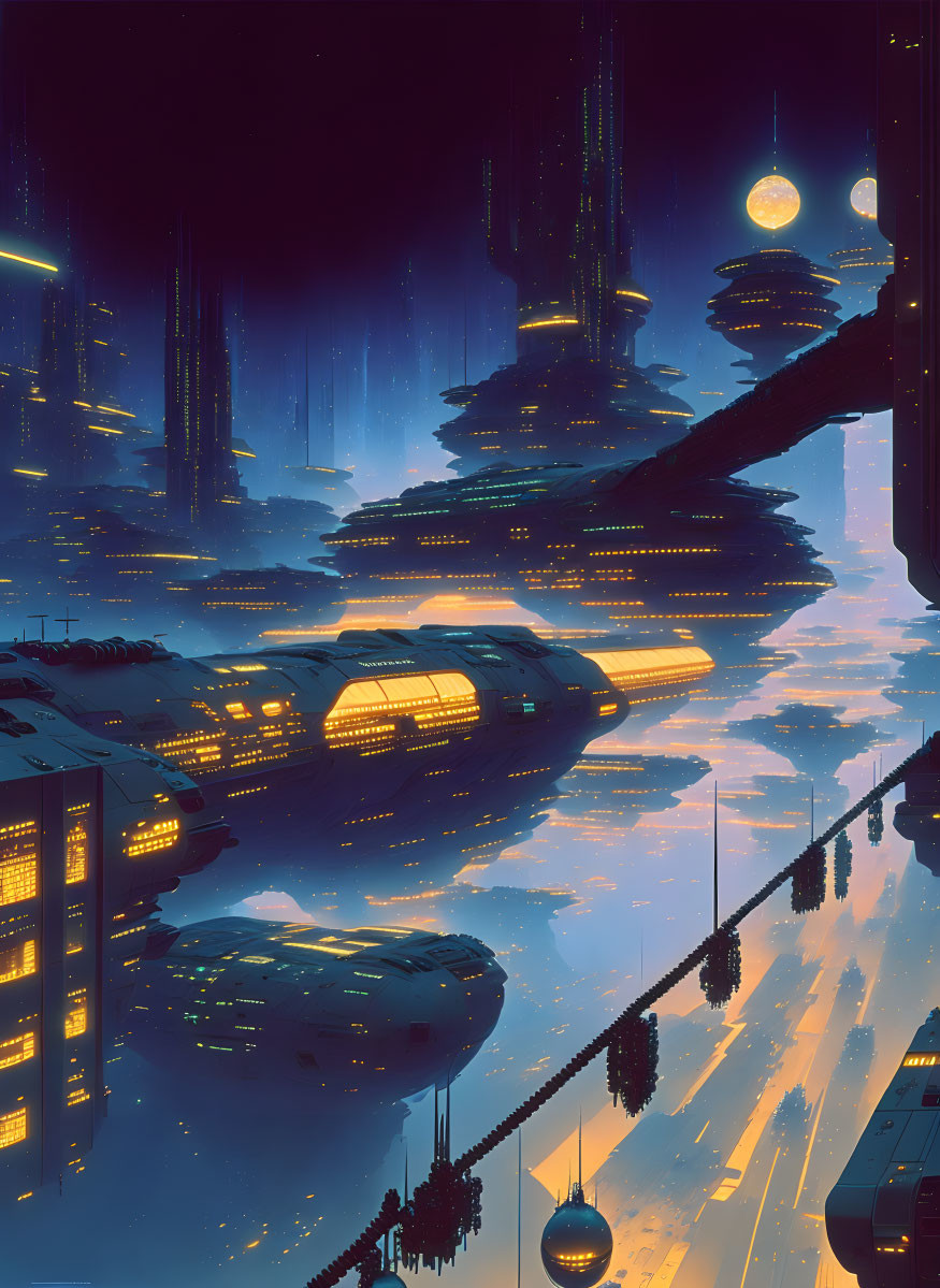 Futuristic cityscape with skyscrapers, flying vehicles, and starry sky