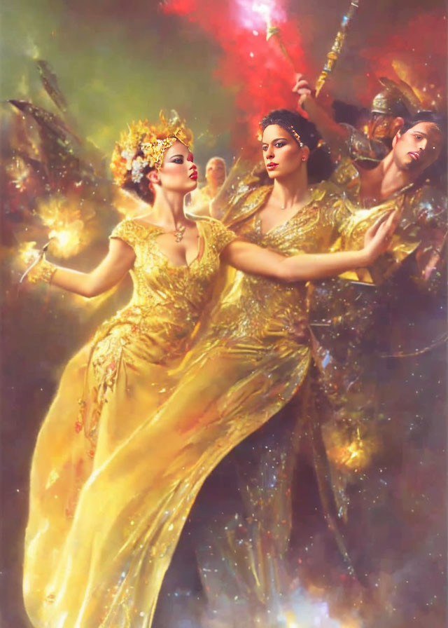 Three women in golden gowns with celestial embellishments in dreamy space backdrop