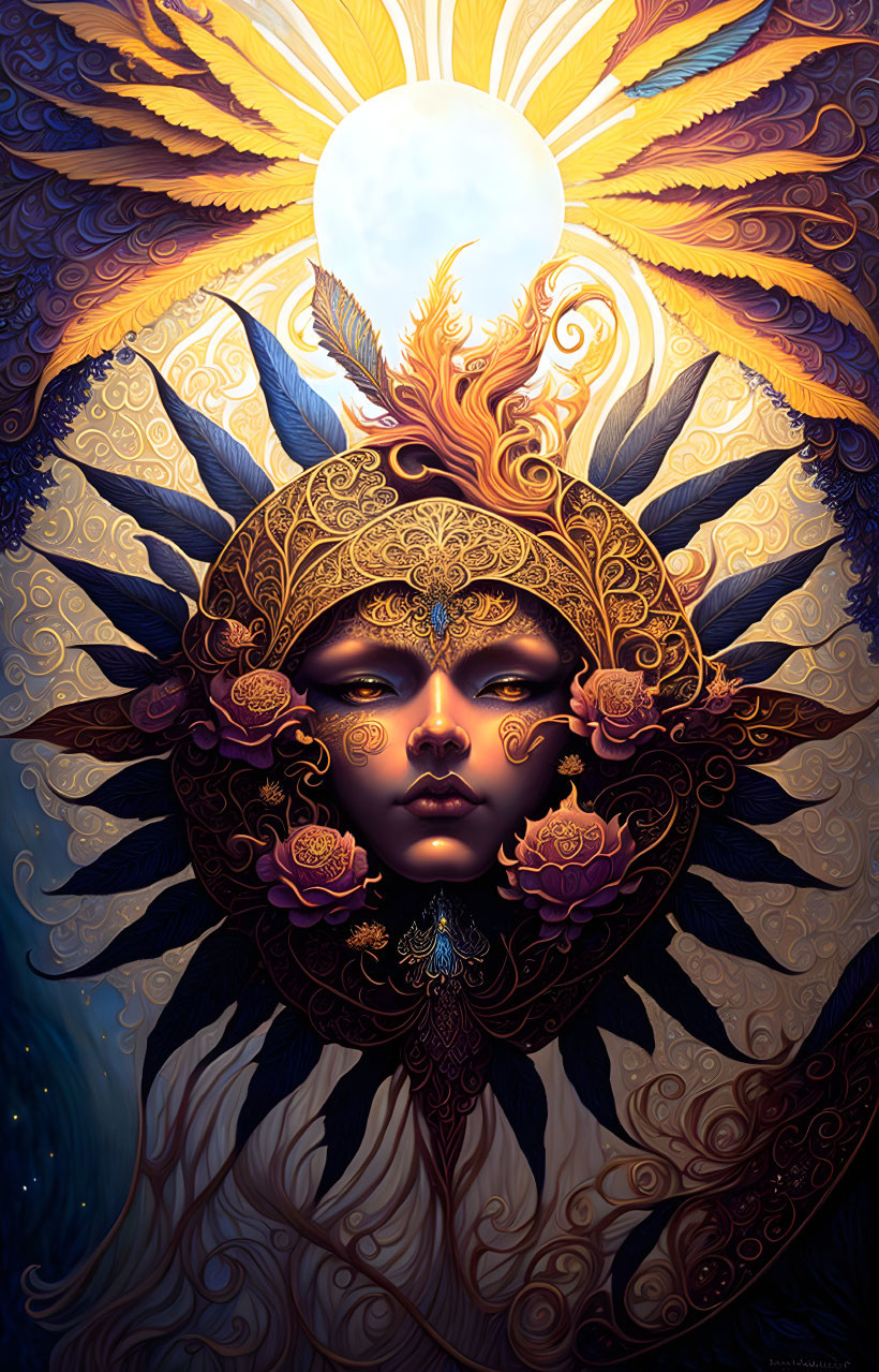 Surreal illustration of figure with sun halo and ornate headdress