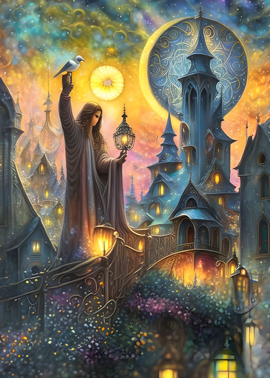 Mystical figure with lantern on bridge at dusk in fantastical city