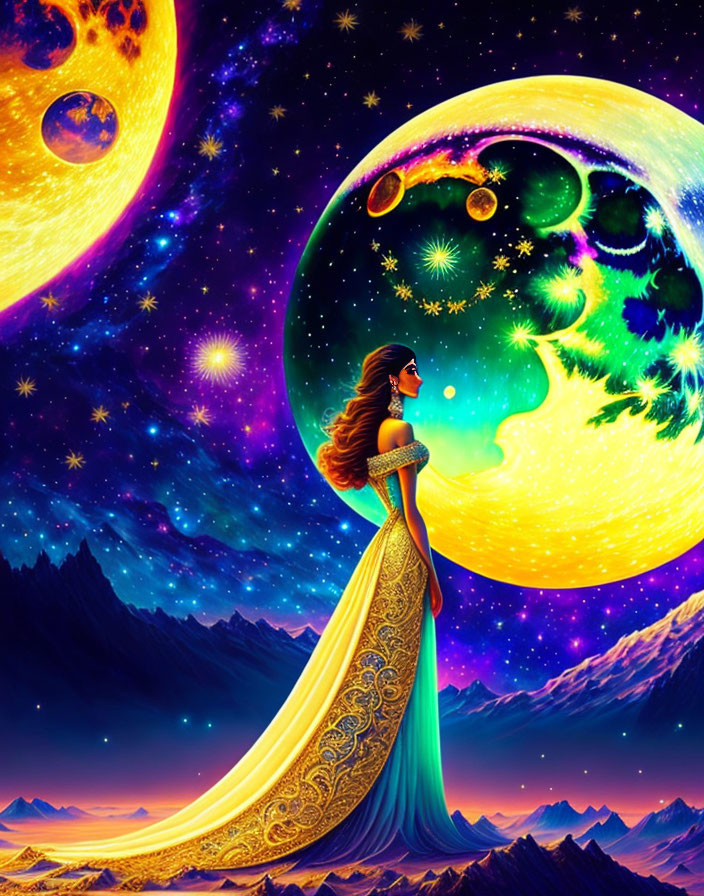 Woman in flowing gown against vibrant cosmic backdrop with moons and stars.