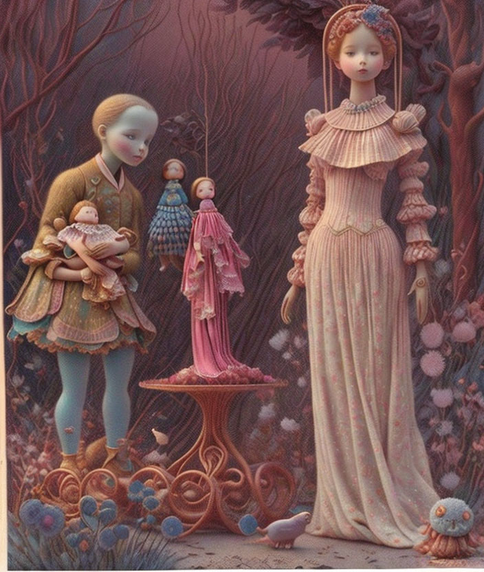 Surreal doll-like characters in fantasy forest with intricate details