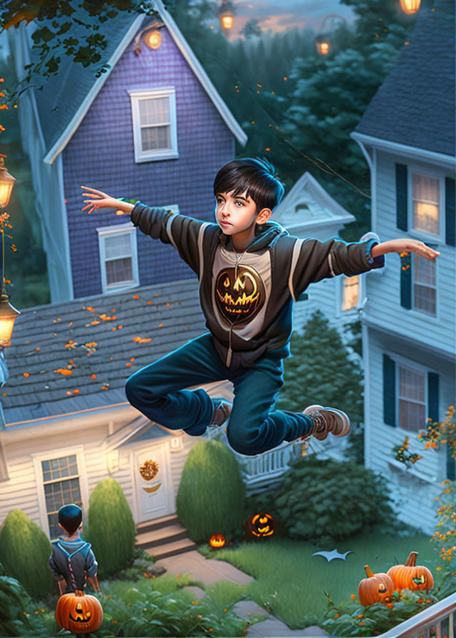 Child in Halloween costume levitates above pumpkin-lined suburban street at dusk