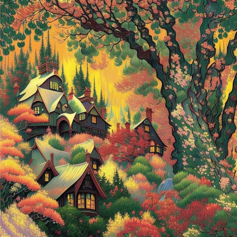 Whimsical village with fairytale cottages in autumn setting