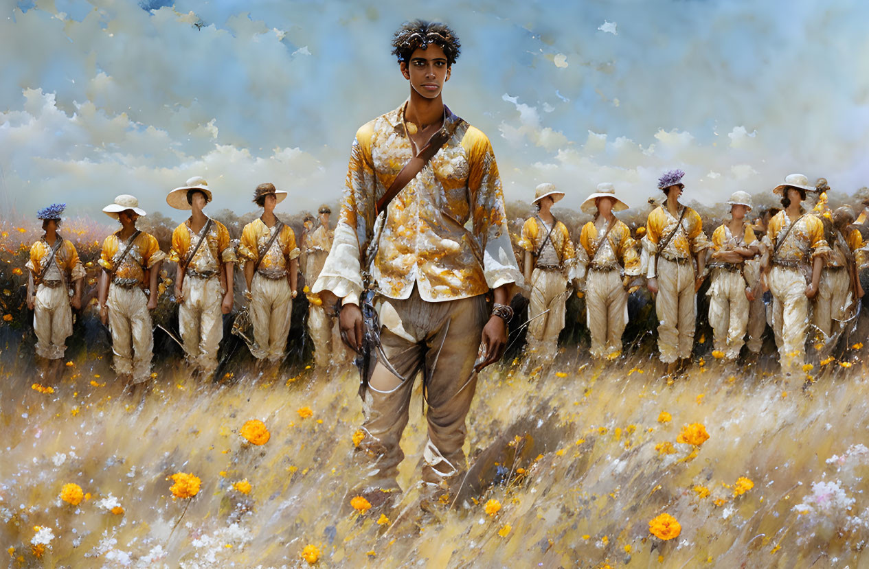 Young man walking in blooming field with multiple versions of himself holding farming tools under cloudy sky