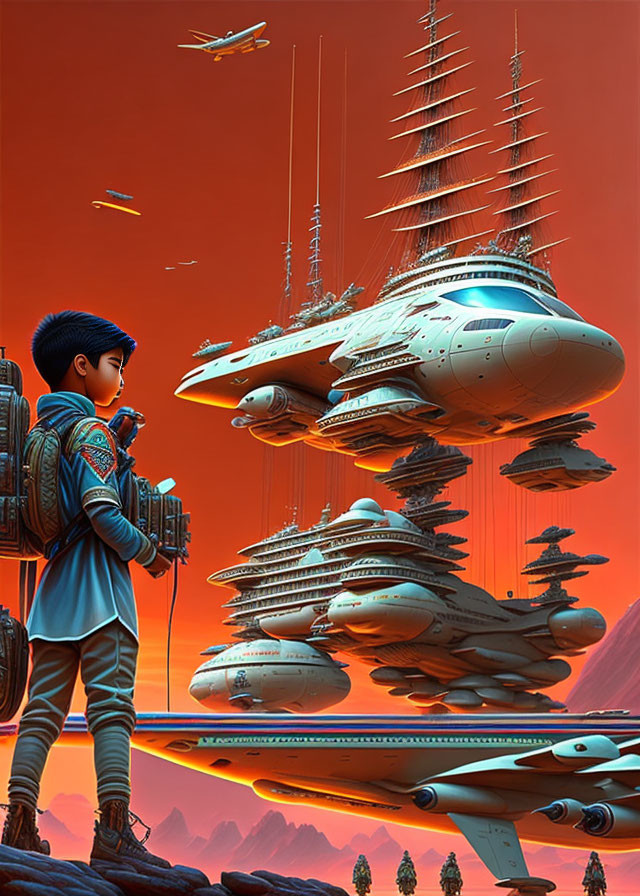 Boy with backpack looking at futuristic flying ships in orange sky