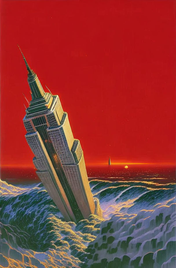 Futuristic skyscraper in turbulent ocean waves under red sky