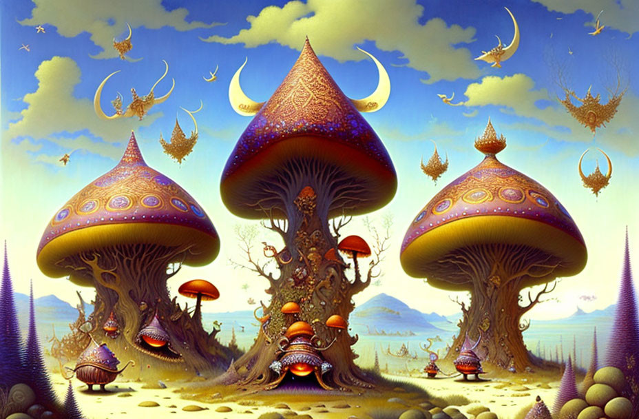 Fantastical landscape with oversized mushrooms and floating islands