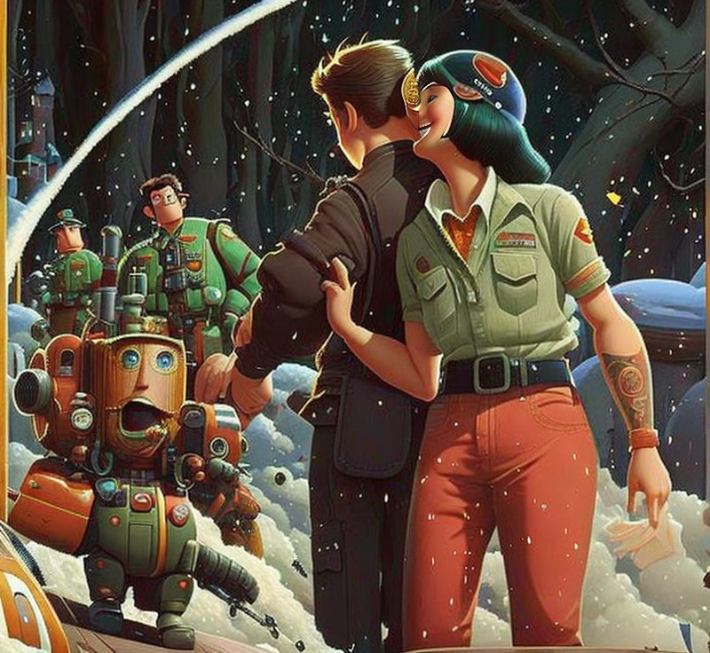 Military-style couple with robot companion gazes at comet in snowy landscape