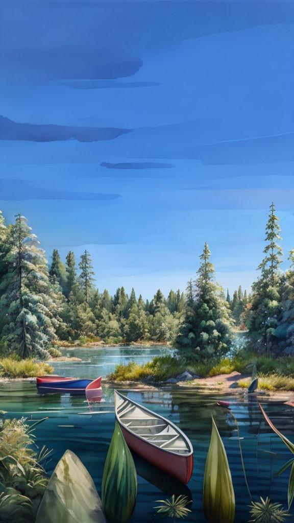 Tranquil Lake Scene with Red and Blue Canoes