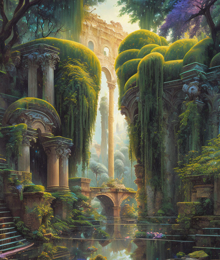 Ethereal fantasy forest with ancient ruins and serene pond