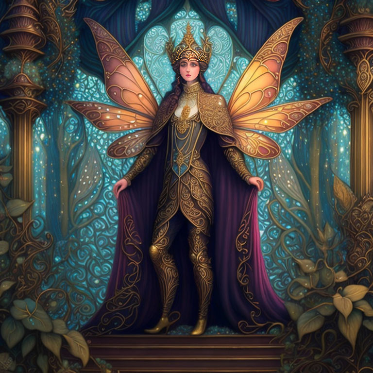 Majestic female figure in golden armor with butterfly wings and mystical aura.