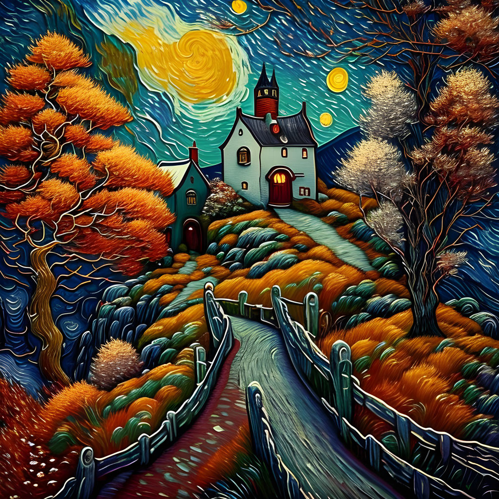 Whimsical landscape painting with vibrant autumnal colors