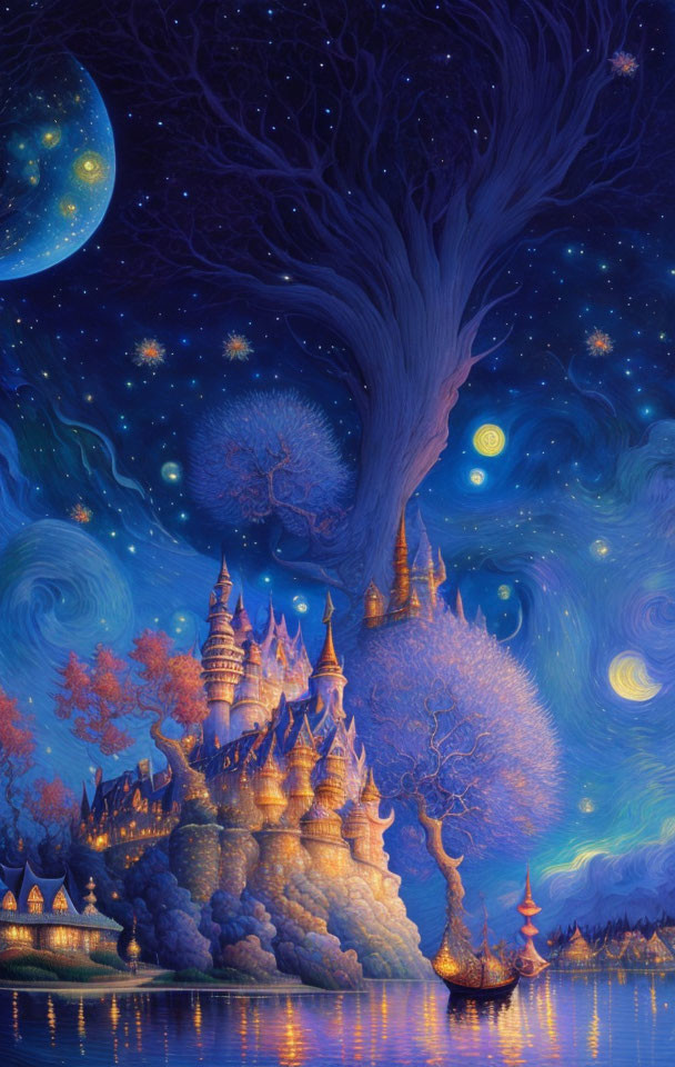 Fantastical night scene with grand castle, lake, boat, and celestial patterns