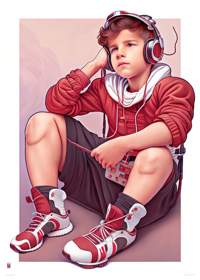 Child in Red Hoodie and Headphones Sitting Thoughtfully