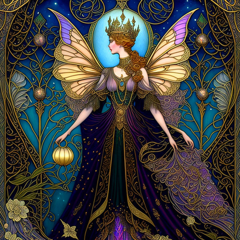 Regal fairy with golden wings and lantern in Art Nouveau style.