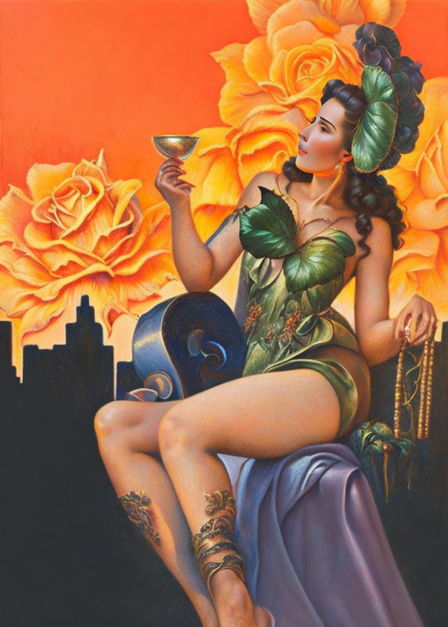 Stylized painting of woman with goblet in green dress by blue armchair