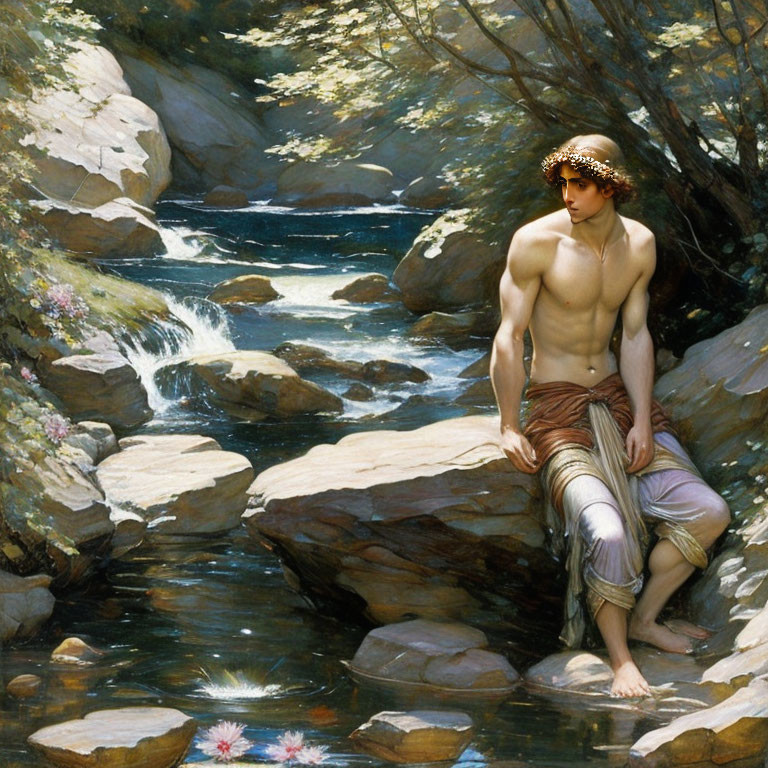 Bare-chested man with leaf crown in forest stream scene