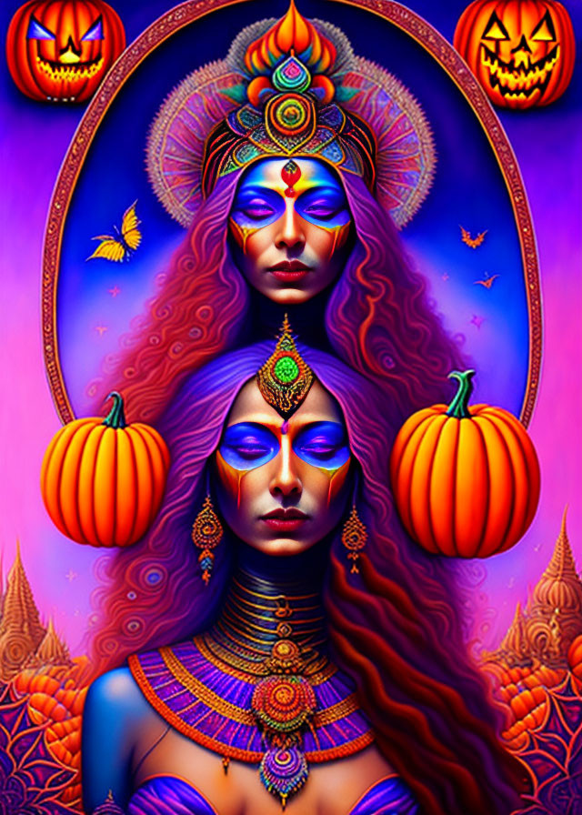 Colorful portrait of two women with intricate face paint, pumpkins, bats, and mystical elements