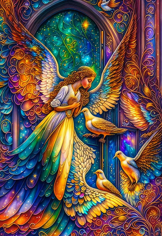 Colorful angel illustration near Gothic window with birds & celestial motifs