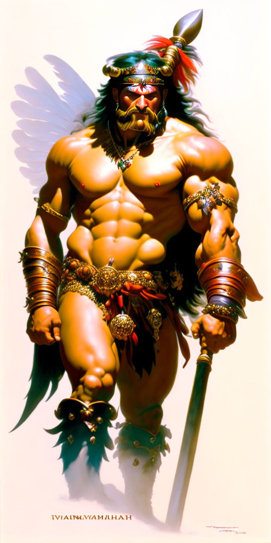 Muscular winged warrior in heroic stance with staff and ornate accessories