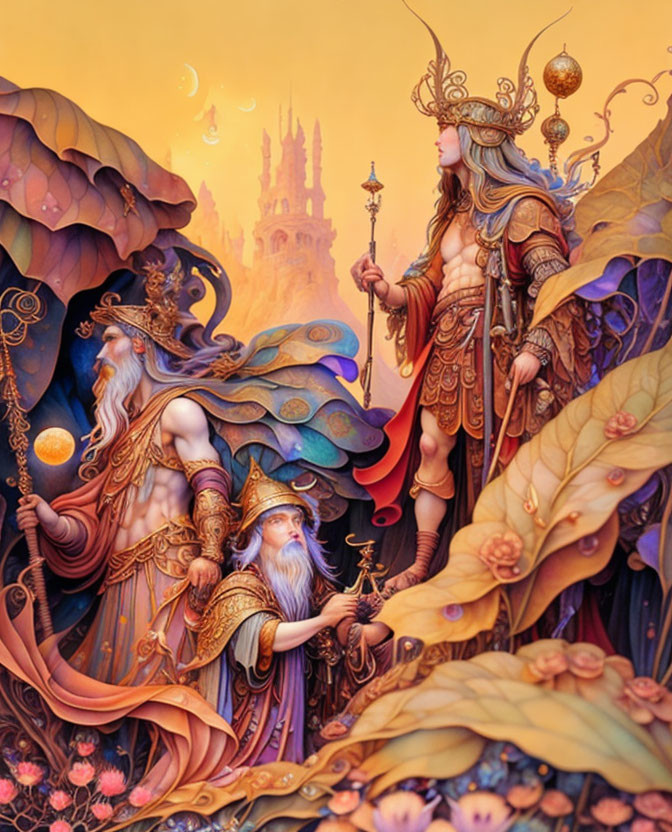 Fantastical illustration of armored elves and wizards in a floral landscape