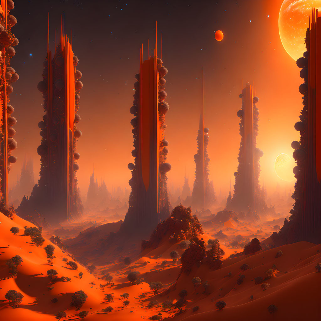 Surreal orange-hued landscape with towering spires and celestial bodies