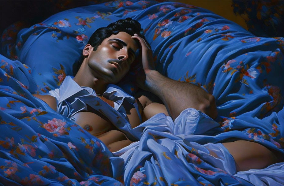 Person resting peacefully in bed with blue floral bedding, eyes closed.