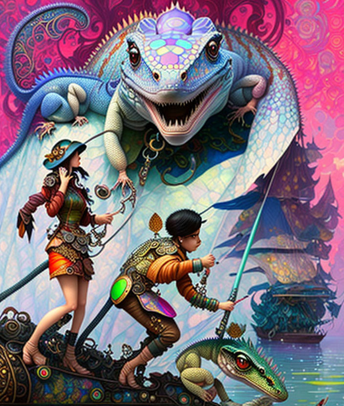 Colorful adventurer on dinosaur with giant lizard following