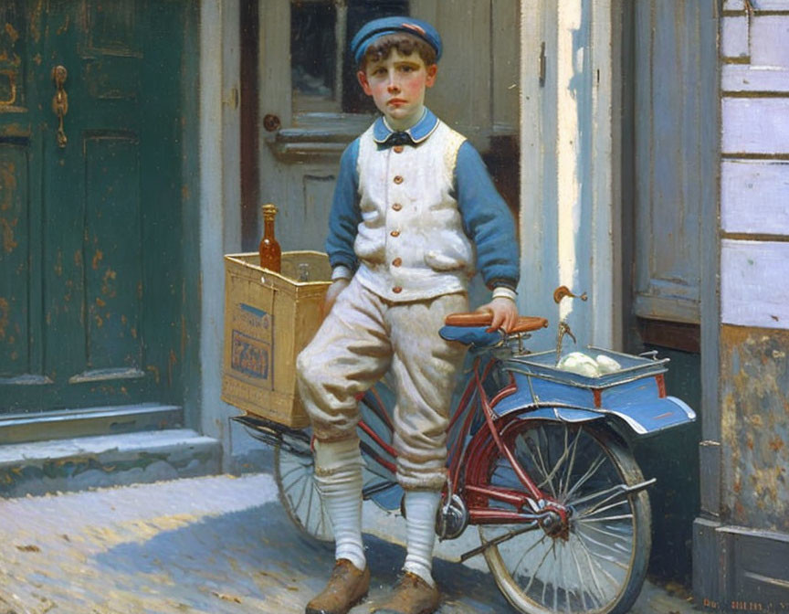 Young Boy in Vintage Outfit by Classic Bicycle