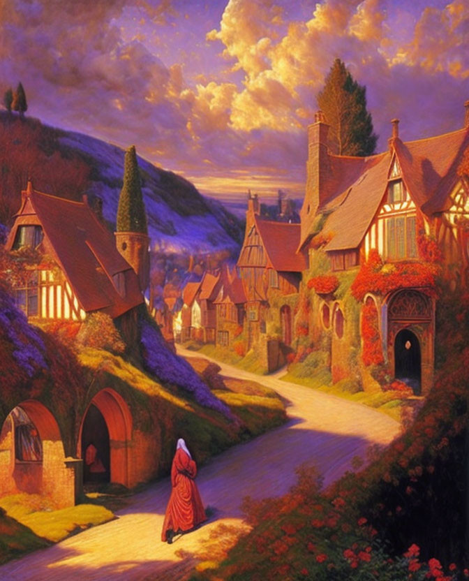 Vibrant sunset village painting with figure in red walking by cozy cottages