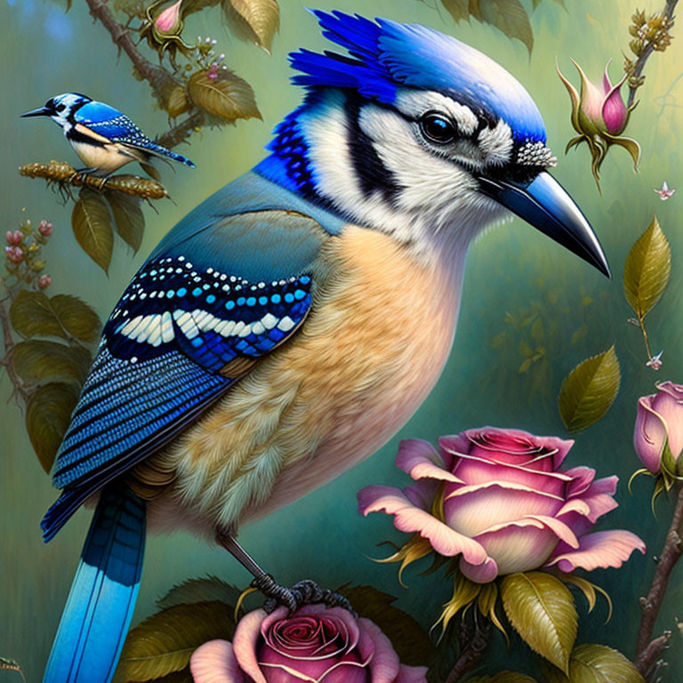 Blue Jay Among Pink Roses and Green Foliage