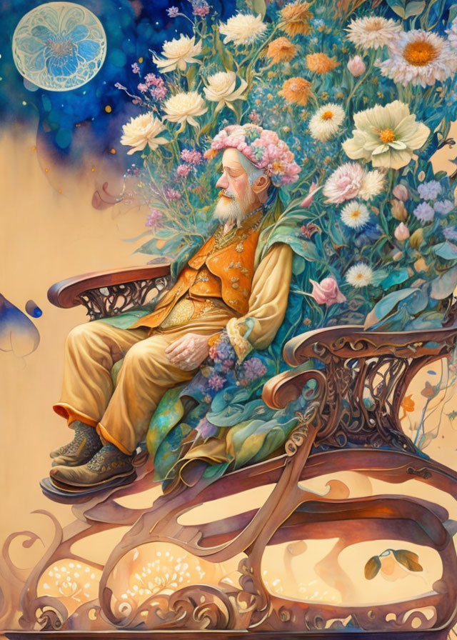 Elderly man with flower crown surrounded by colorful flowers on bench