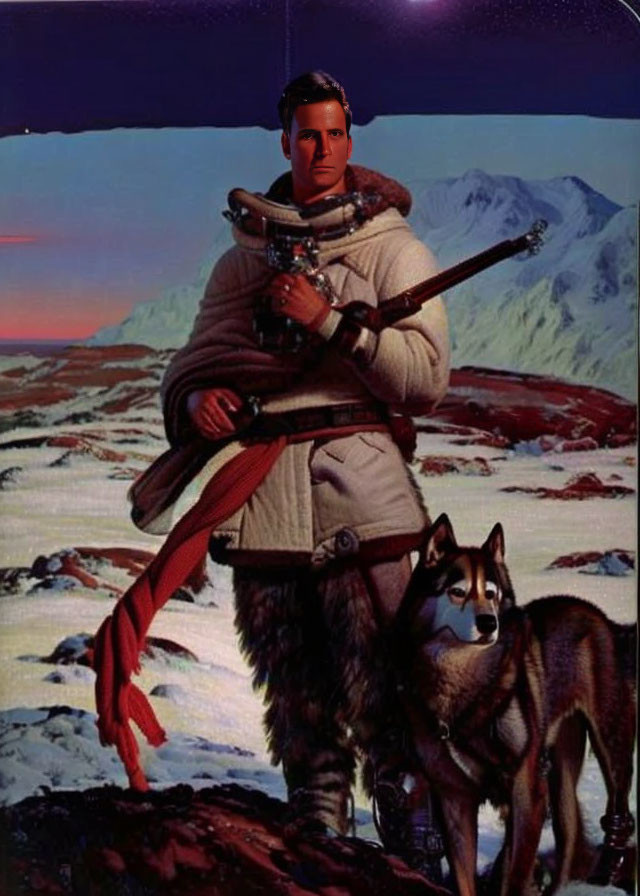 Person with superimposed face next to husky in snowy landscape at sunset with blaster, fur