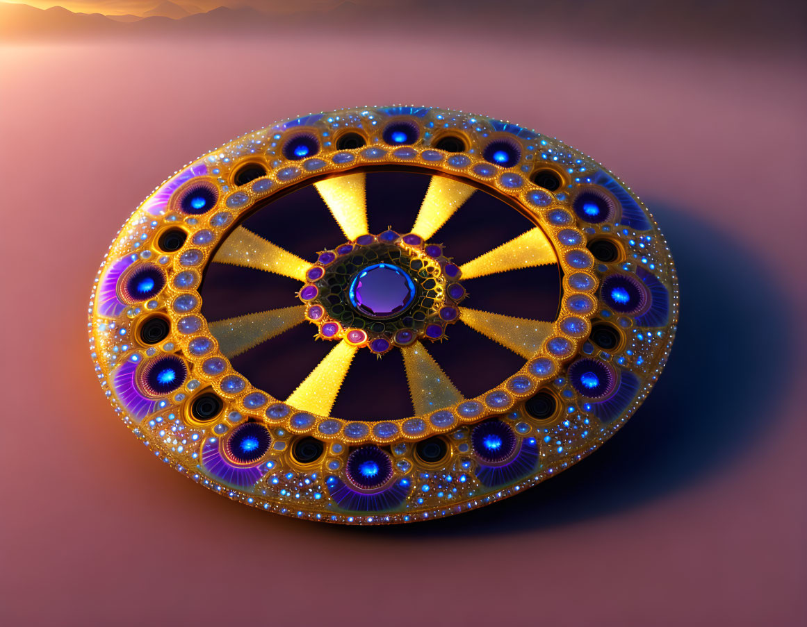 Intricate golden and purple circular design with glowing blue lights