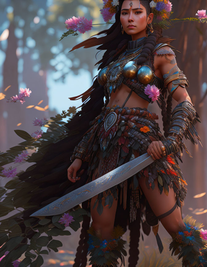 Warrior Woman in Lush Forest with Sword and Feathers