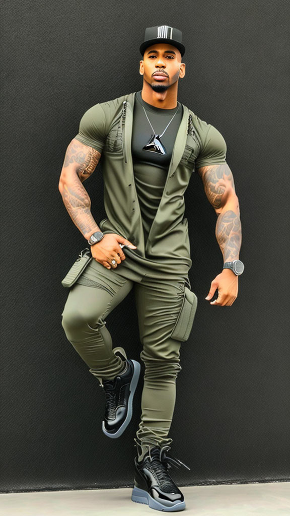 Green Outfit with Black Sneakers and Tattoos on Arms Against Grey Background