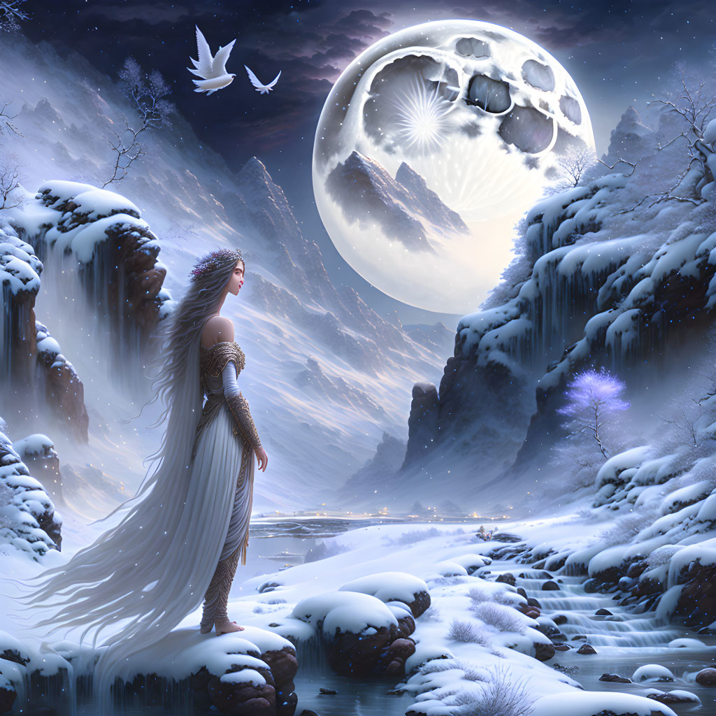 Woman in white dress by snowy riverbank under moonlight with flying bird