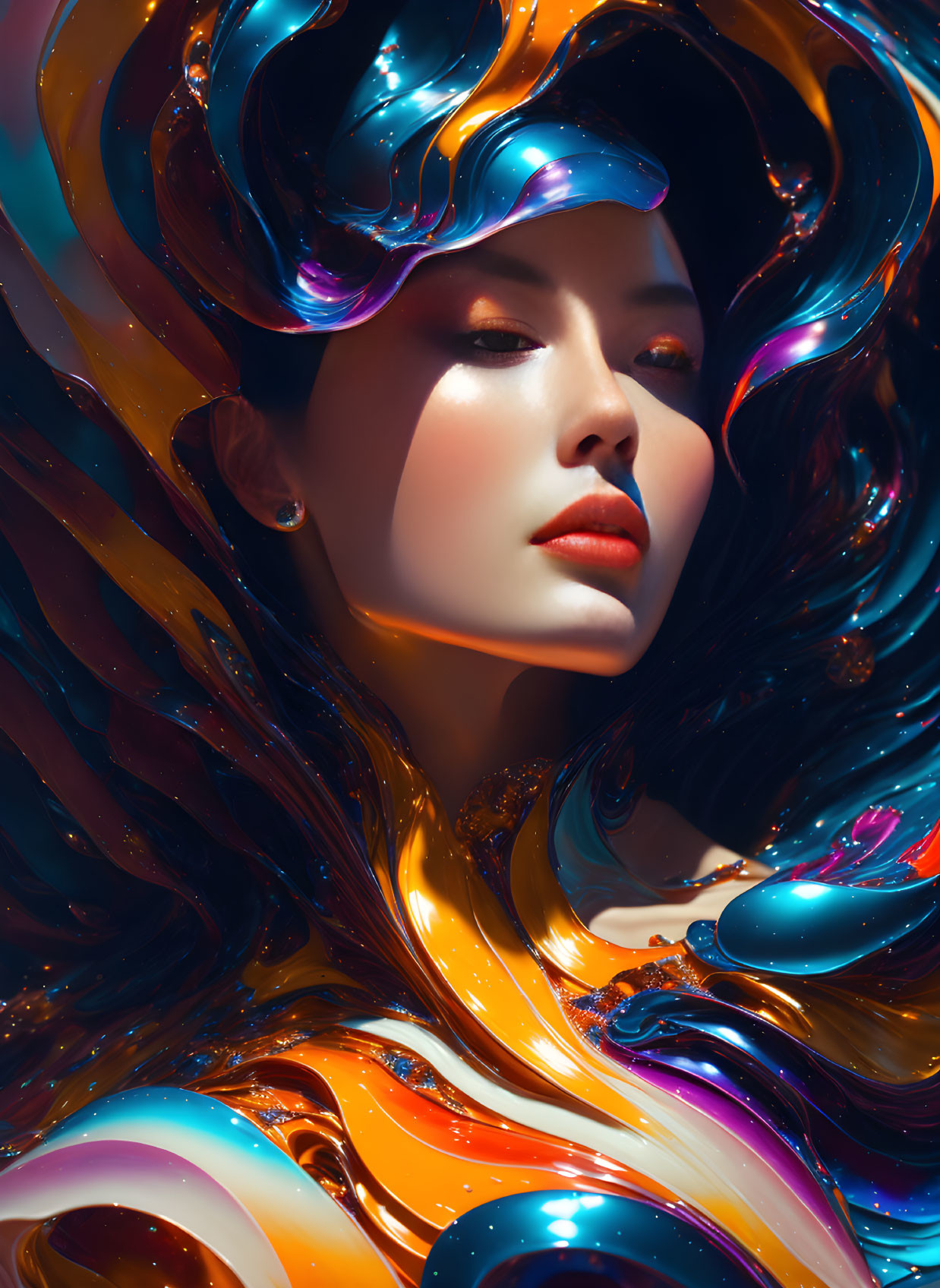 Digital artwork of woman with flowing, multicolored liquid metal hair