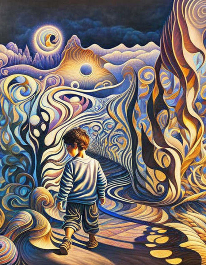 Boy in Striped Shirt in Surreal Landscape with Van Gogh-Inspired Patterns