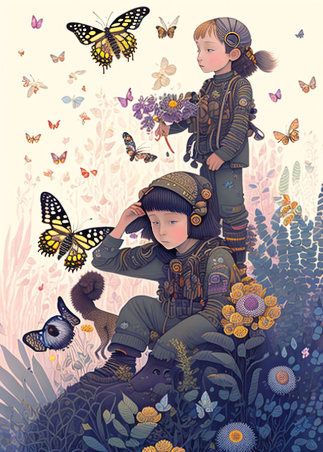 Children in floral outfits surrounded by butterflies and flowers