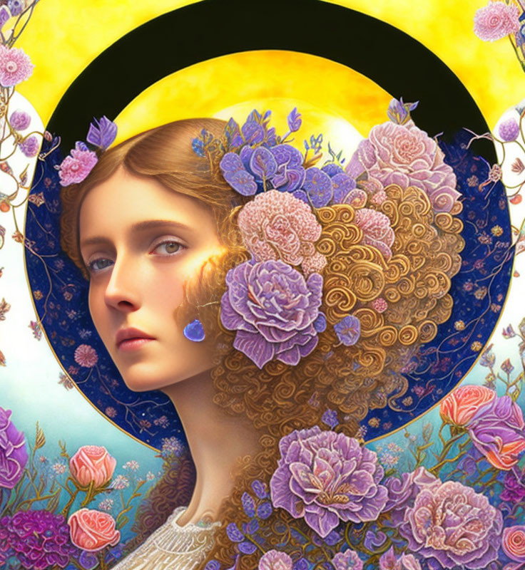 Serene woman with halo and floral patterns in vibrant colors