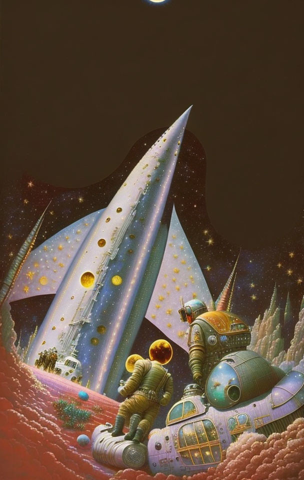 Astronaut in fantastical landscape with whimsical spaceships and mountains