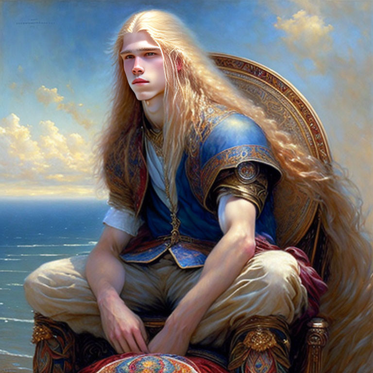 Fantasy portrait of pensive figure with blonde hair and pointed ears by the sea