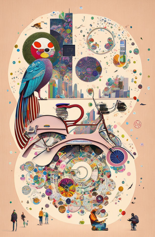 Vibrant abstract art: parrot, skyline, scooter, intricate patterns