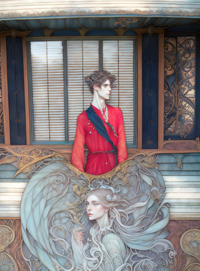 Surreal Artwork with Figures in Red and Ornate Background