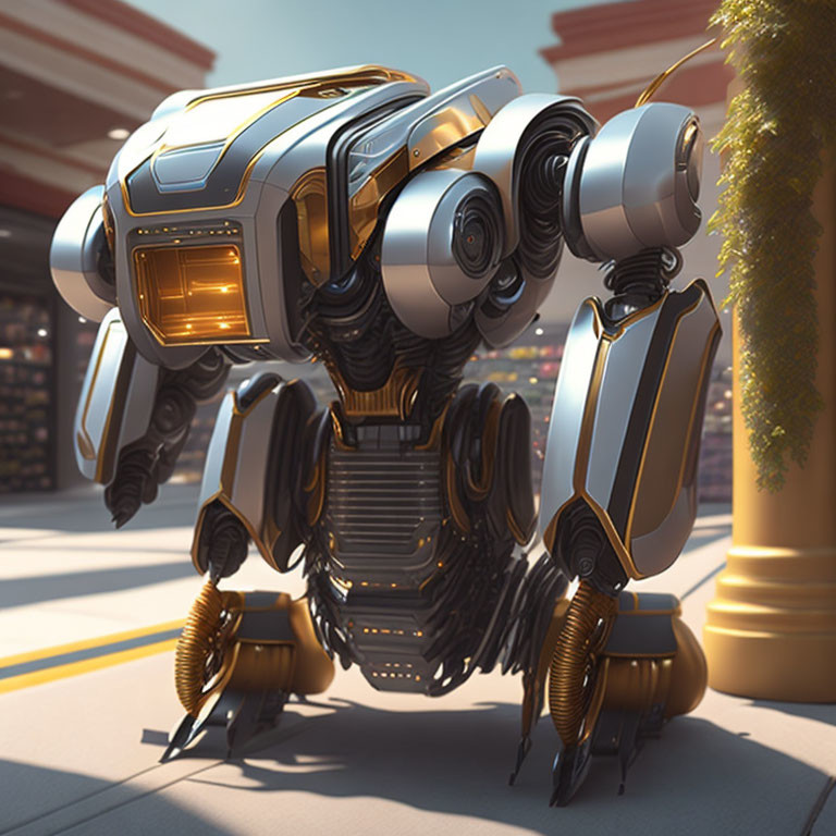 Futuristic robot with gold and silver metallic parts on orange architectural backdrop