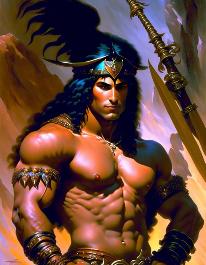 Muscular Warrior in Dramatic Landscape with Sword