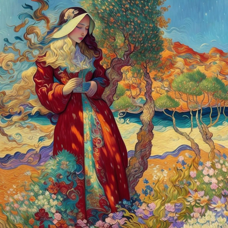 Vibrant illustration of woman in red dress in colorful landscape